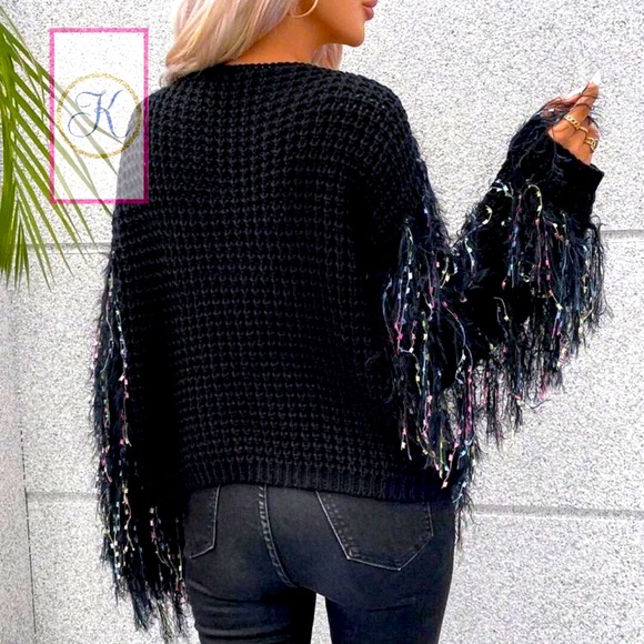 Black Fluffy Shag Sweater Cardigan w/Glam Multicolored Accents , Fall & Winter - Picture 2 of 3